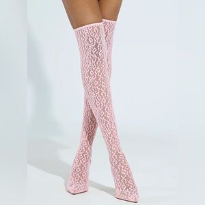 AZALEA WANG Pink Leopard Animal Print Lace Thigh High Boots